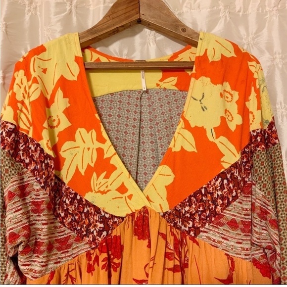 Free People Aloha State of Mind Patchwork Top Flower Detail Drapey Orange Yellow - Picture 6 of 14